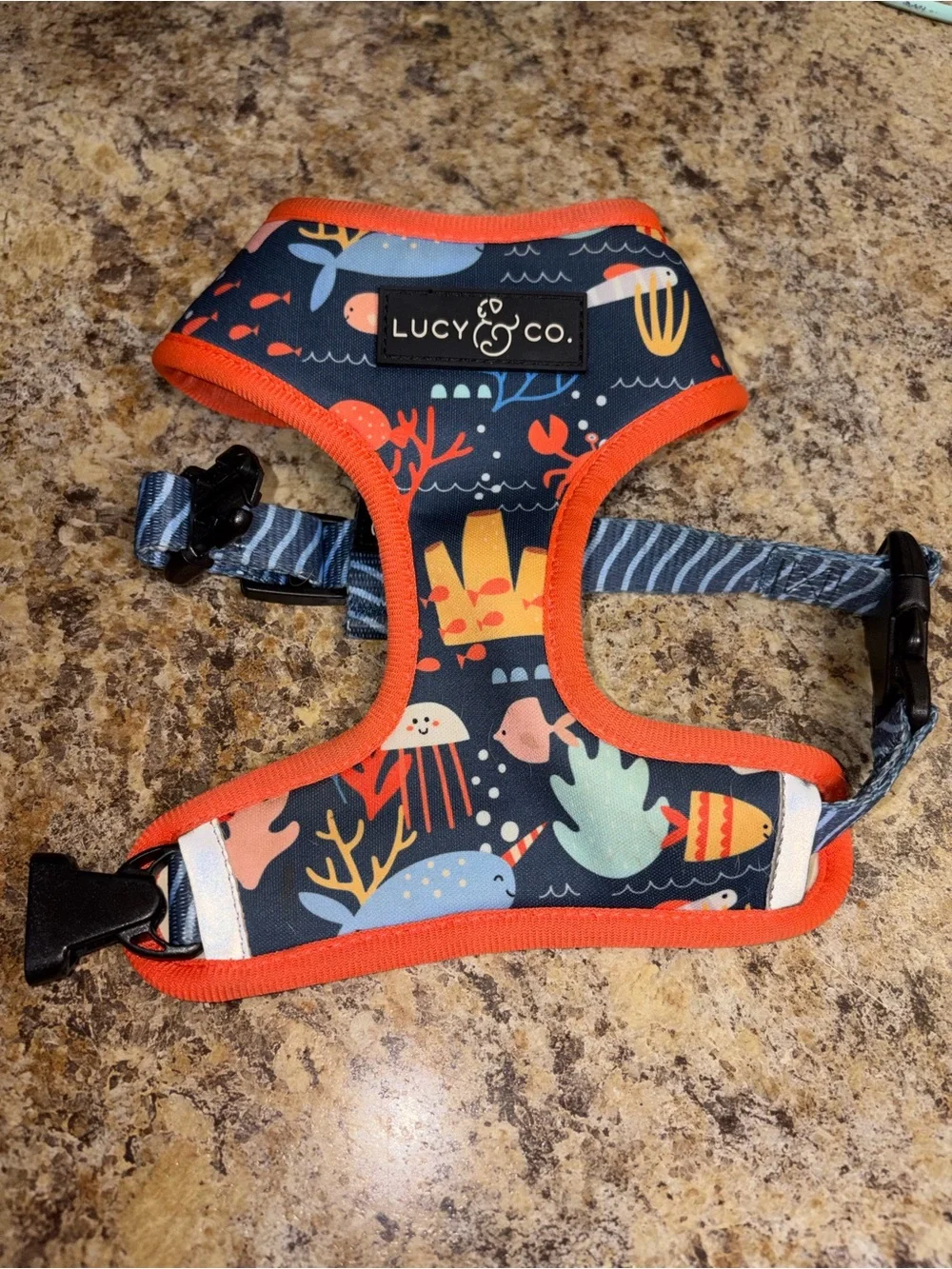 Reversible Ocean-Print Dog Harness with Navy stripes with Orange Trim